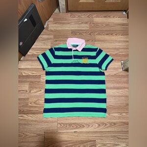 90’s Polo Ralph Lauren Polo Shirt Mens Sz L Green Navy Striped Rugby Logo Crest